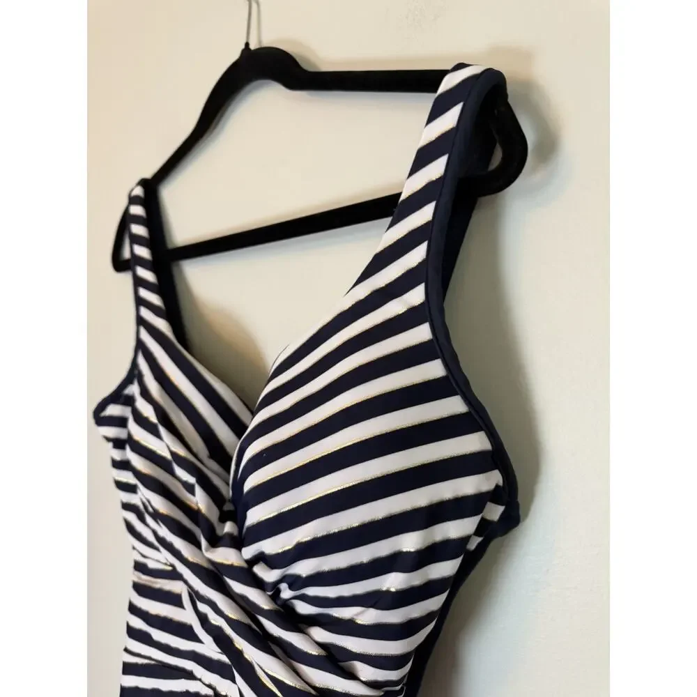 Miraclesuit Navy White Stripe Estilo Underwire One Piece Slimming Swimsuit Sz 16